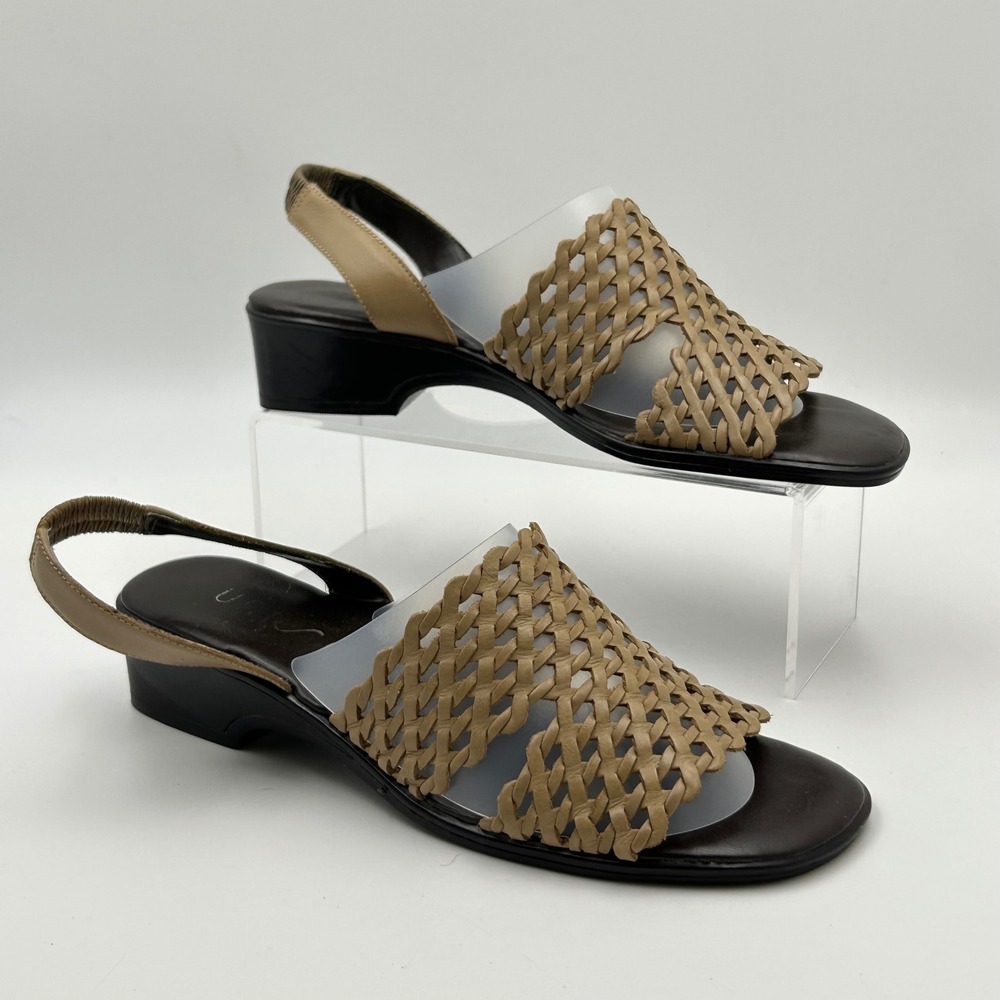 Unisa Woven‎ Leather Sandals Womens 8 Tan Slingback Block Heel Coastal Grandma